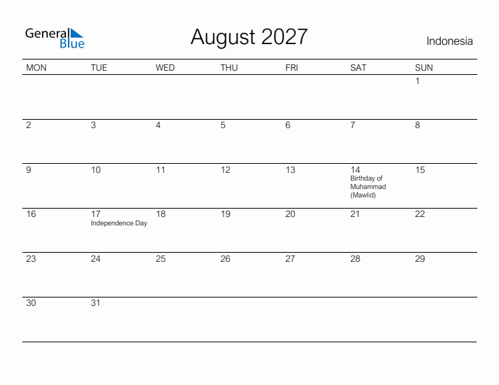Printable August 2027 Calendar for Indonesia