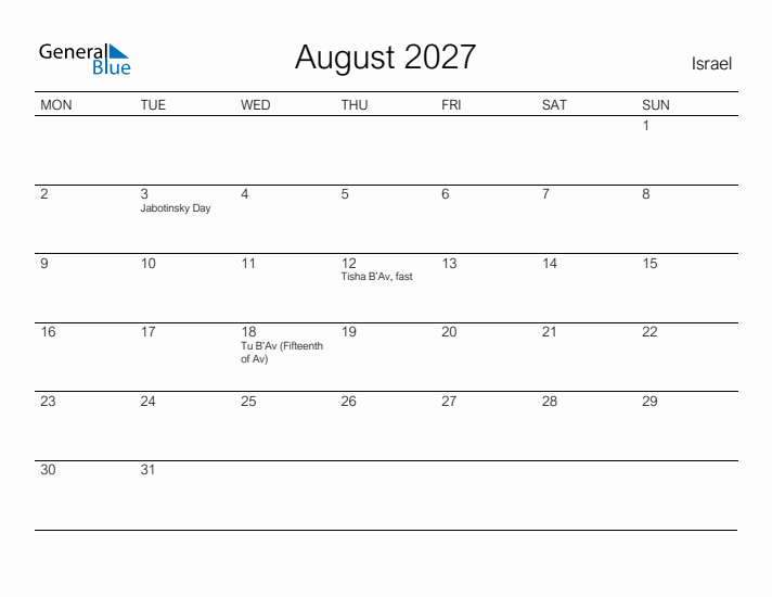 Printable August 2027 Calendar for Israel