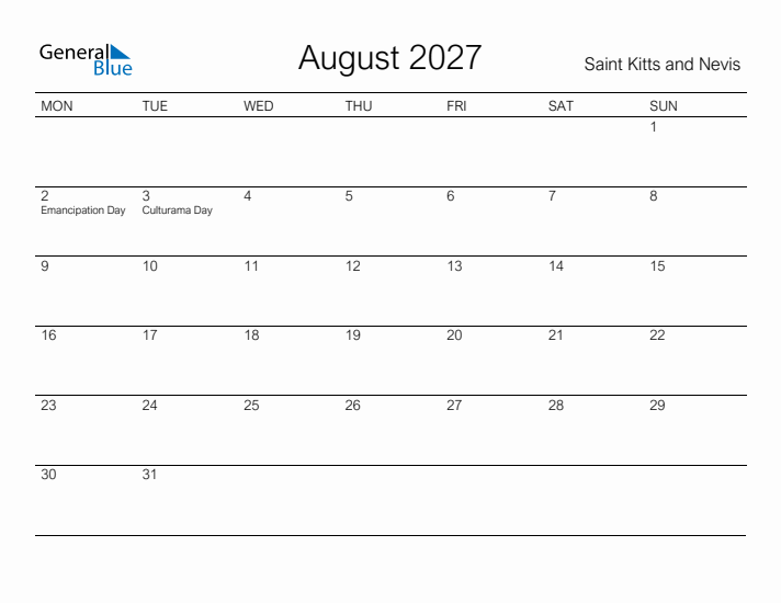 Printable August 2027 Calendar for Saint Kitts and Nevis