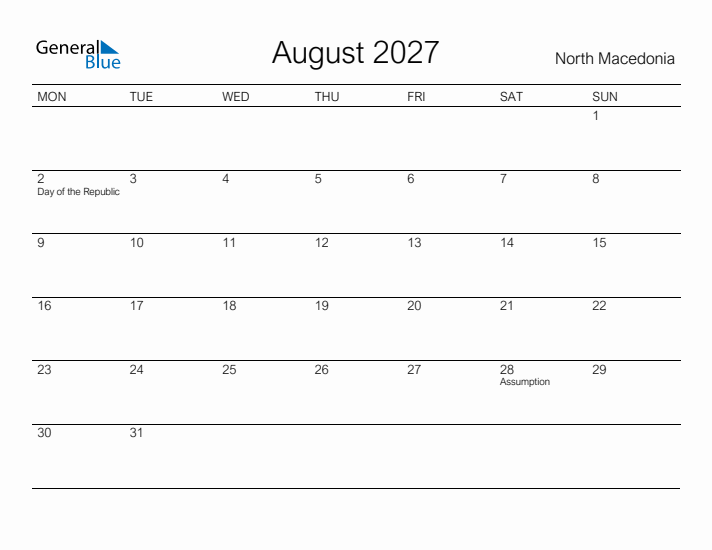 Printable August 2027 Calendar for North Macedonia