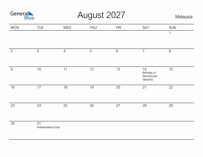 Printable August 2027 Calendar for Malaysia