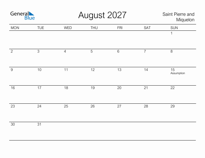 Printable August 2027 Calendar for Saint Pierre and Miquelon
