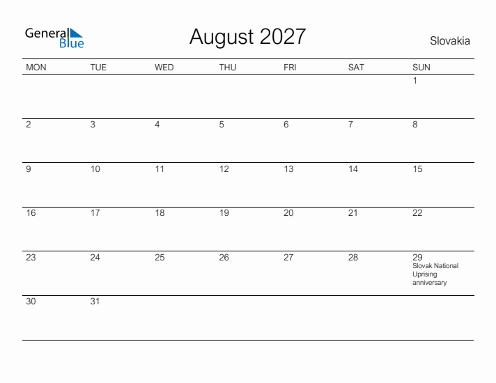 Printable August 2027 Calendar for Slovakia