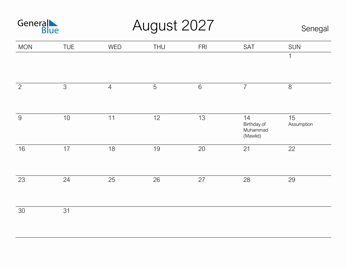 Printable August 2027 Monthly Calendar with Holidays for Senegal ...
