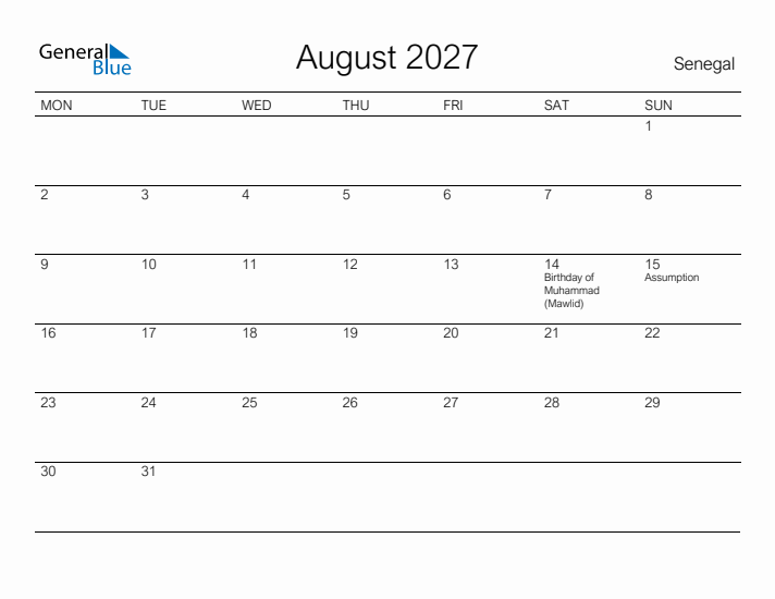 Printable August 2027 Calendar for Senegal
