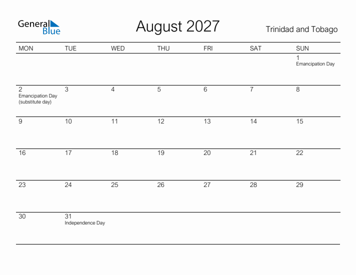 Printable August 2027 Calendar for Trinidad and Tobago