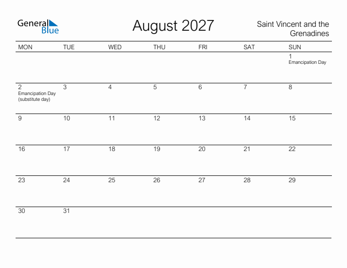Printable August 2027 Calendar for Saint Vincent and the Grenadines