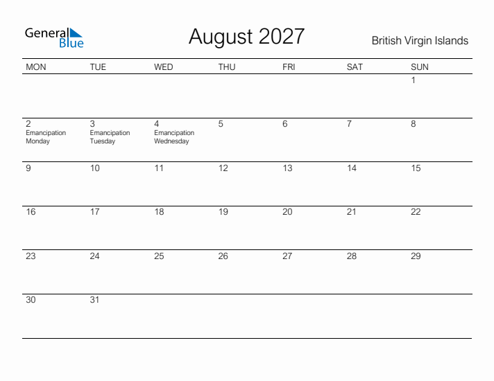 Printable August 2027 Calendar for British Virgin Islands