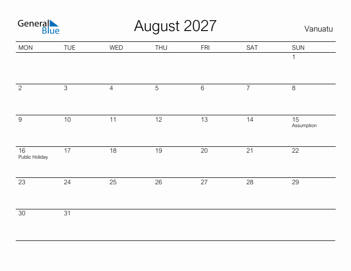 Printable August 2027 Calendar for Vanuatu