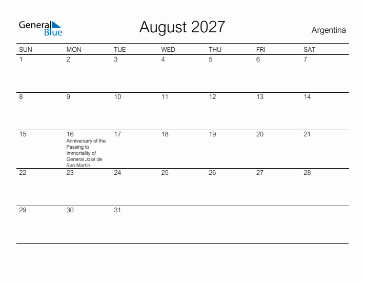 Printable August 2027 Calendar for Argentina