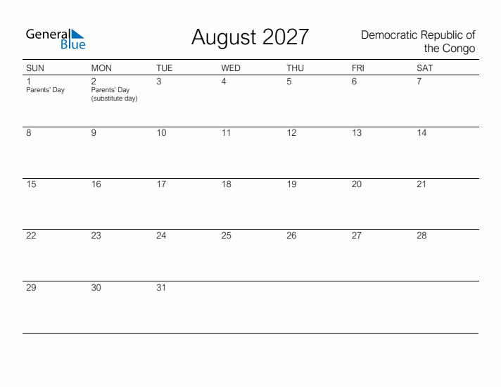 Printable August 2027 Calendar for Democratic Republic of the Congo