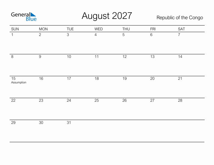 Printable August 2027 Calendar for Republic of the Congo