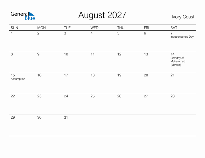 Printable August 2027 Calendar for Ivory Coast