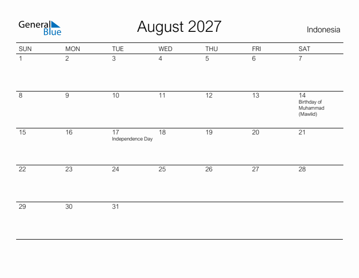 Printable August 2027 Calendar for Indonesia