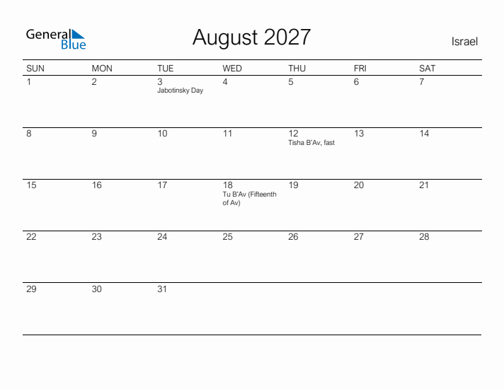 Printable August 2027 Calendar for Israel