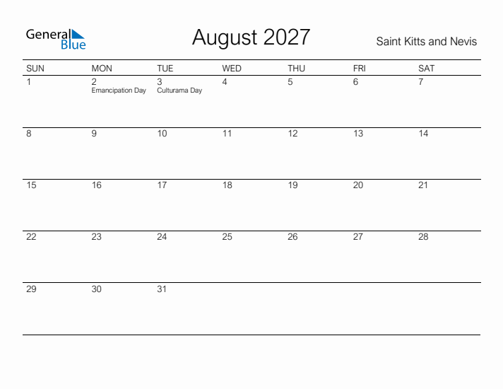 Printable August 2027 Calendar for Saint Kitts and Nevis