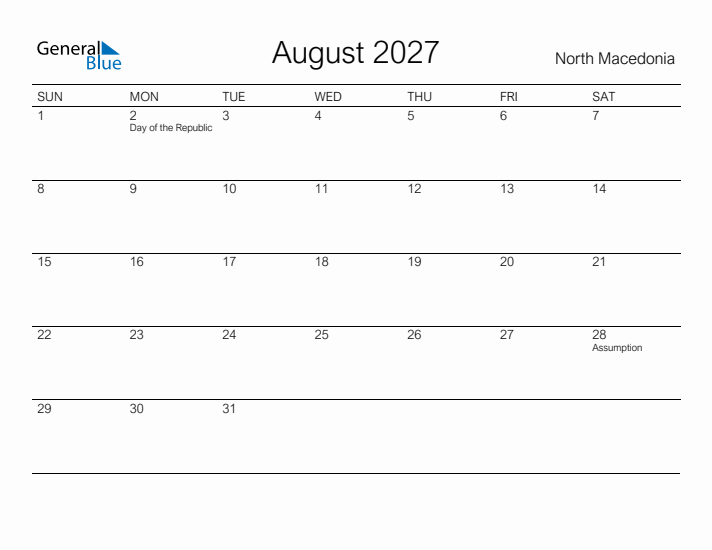 Printable August 2027 Calendar for North Macedonia