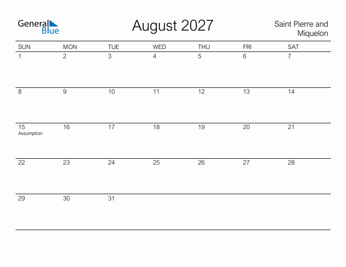 Printable August 2027 Calendar for Saint Pierre and Miquelon
