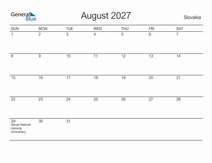 Printable August 2027 Calendar for Slovakia