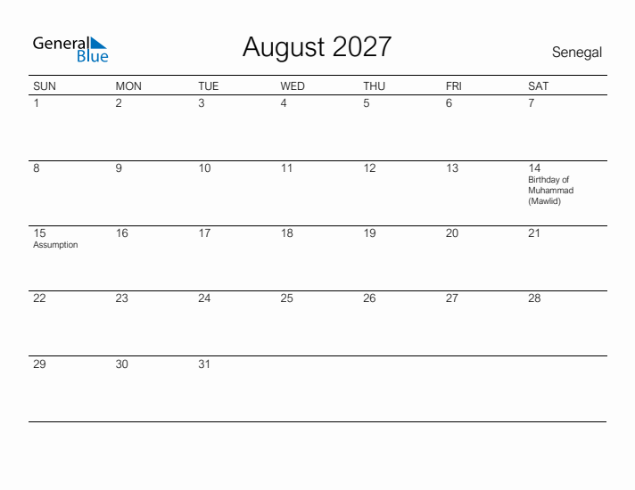 Printable August 2027 Calendar for Senegal