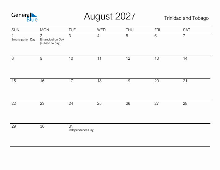 Printable August 2027 Calendar for Trinidad and Tobago