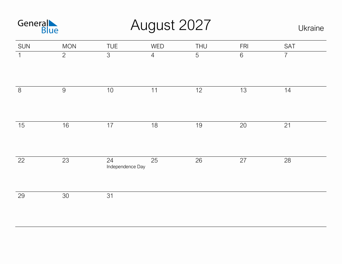 Printable August 2027 Monthly Calendar with Holidays for Ukraine