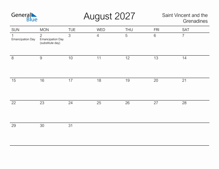 Printable August 2027 Calendar for Saint Vincent and the Grenadines