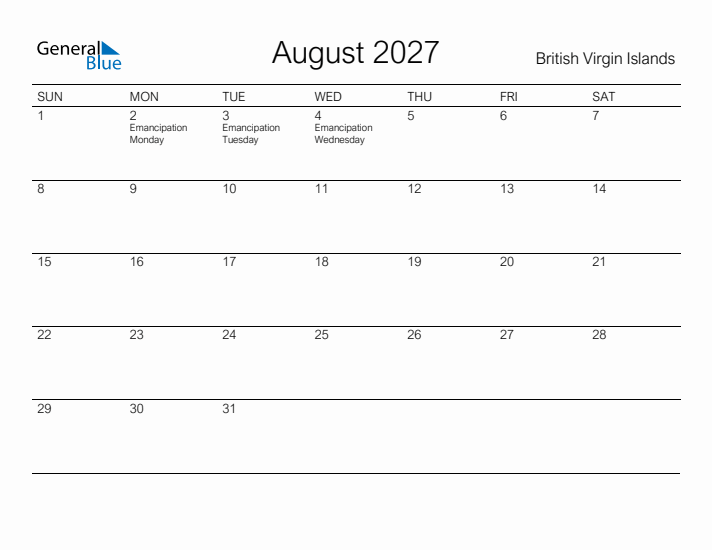 Printable August 2027 Calendar for British Virgin Islands