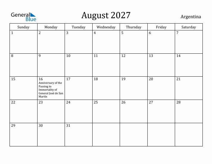 August 2027 Calendar Argentina