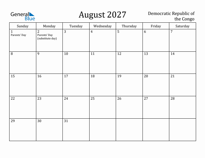 August 2027 Calendar Democratic Republic of the Congo