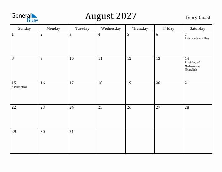 August 2027 Calendar Ivory Coast