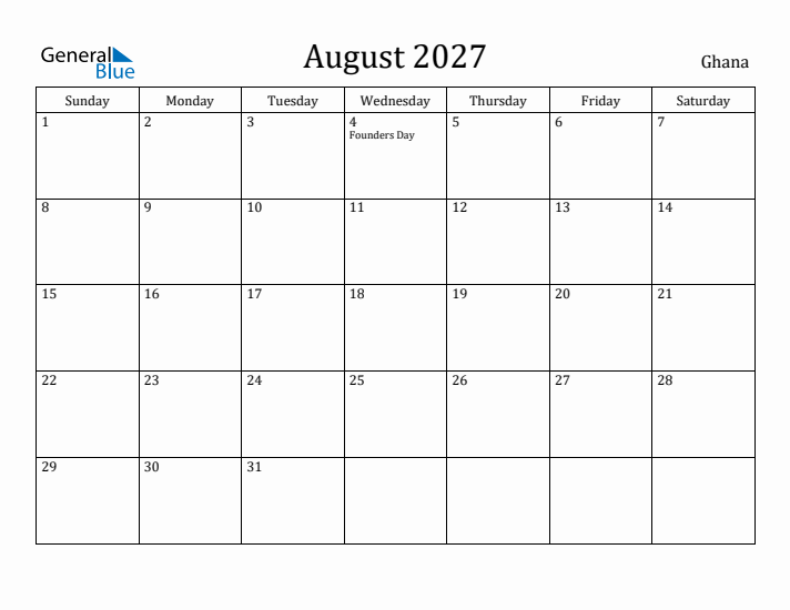 August 2027 Calendar Ghana
