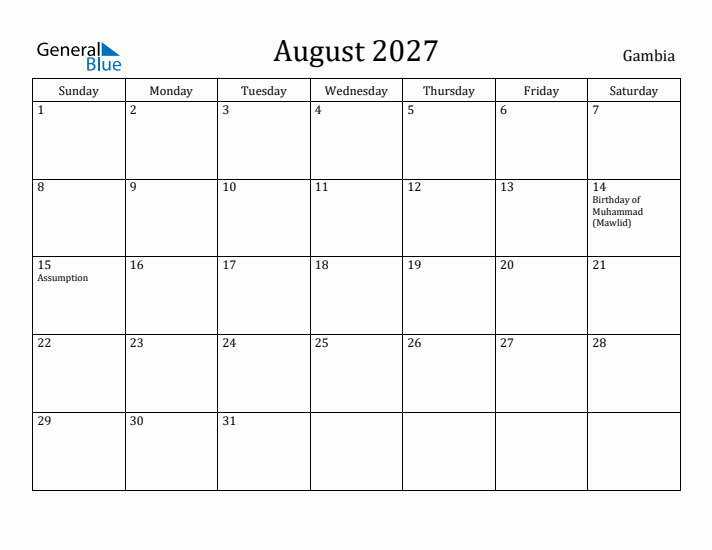 August 2027 Calendar Gambia