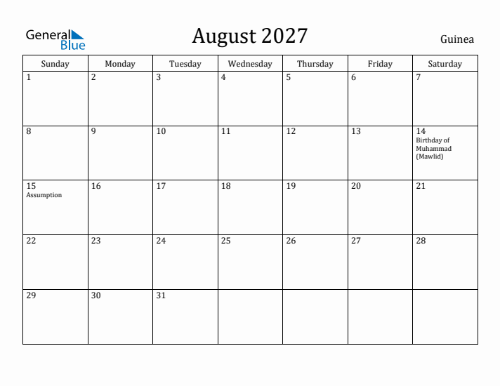 August 2027 Calendar Guinea