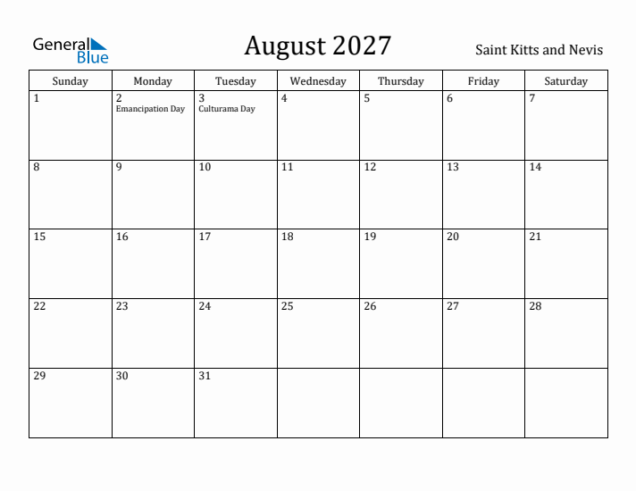 August 2027 Calendar Saint Kitts and Nevis