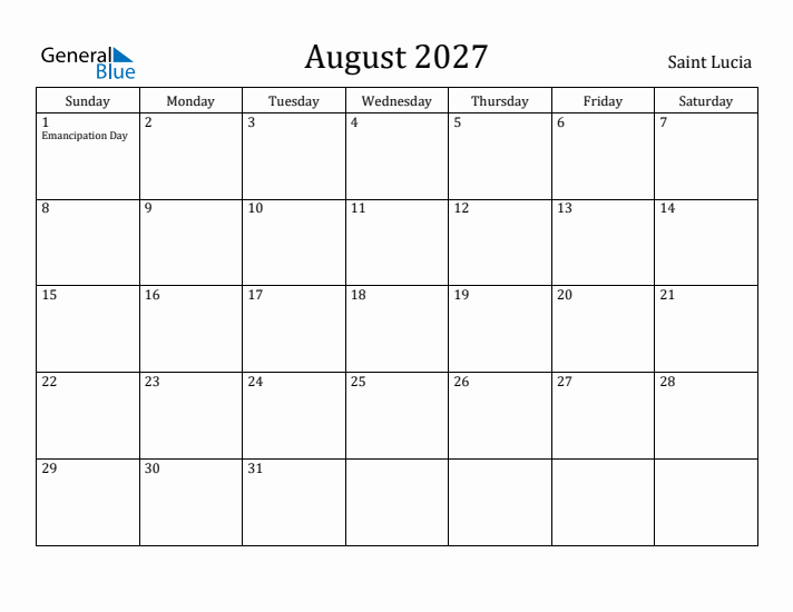August 2027 Calendar Saint Lucia