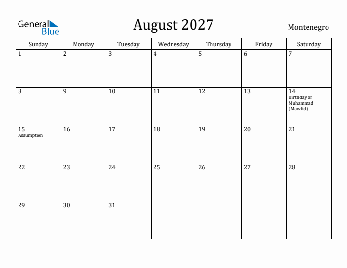 August 2027 Calendar Montenegro