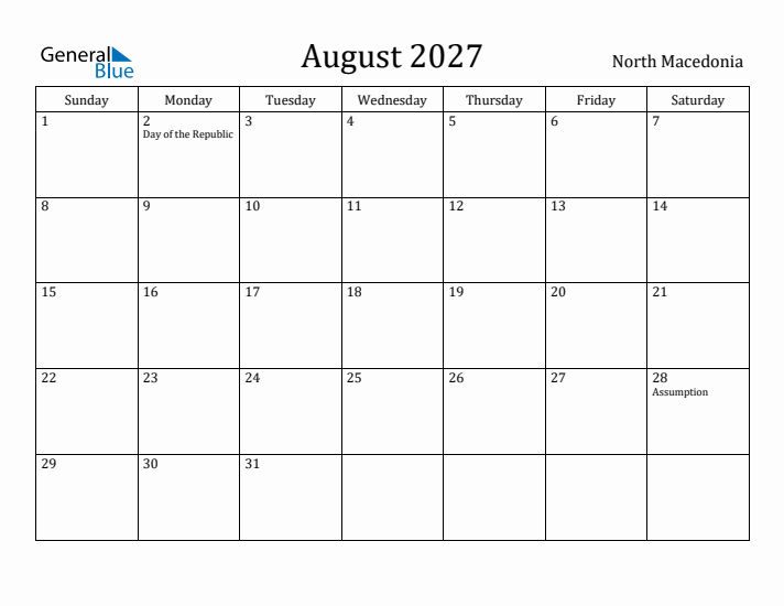 August 2027 Calendar North Macedonia
