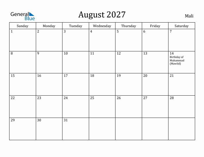 August 2027 Calendar Mali