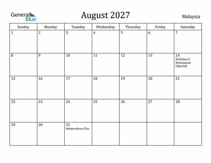 August 2027 Calendar Malaysia