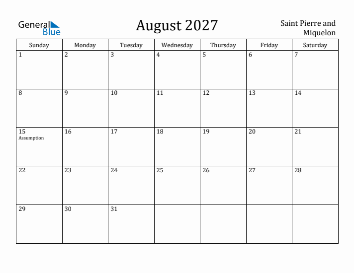 August 2027 Calendar Saint Pierre and Miquelon