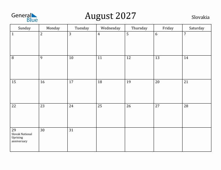 August 2027 Calendar Slovakia