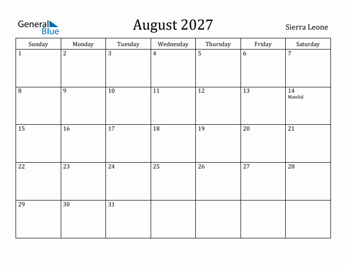 August 2027 Calendar Sierra Leone