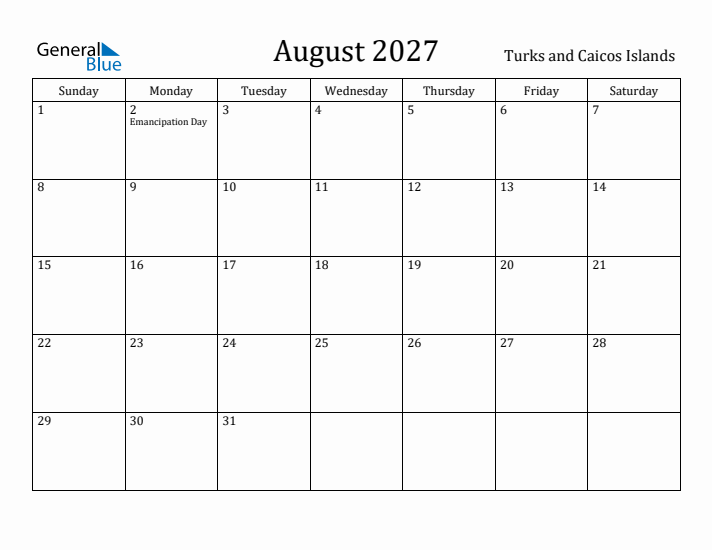 August 2027 Calendar Turks and Caicos Islands