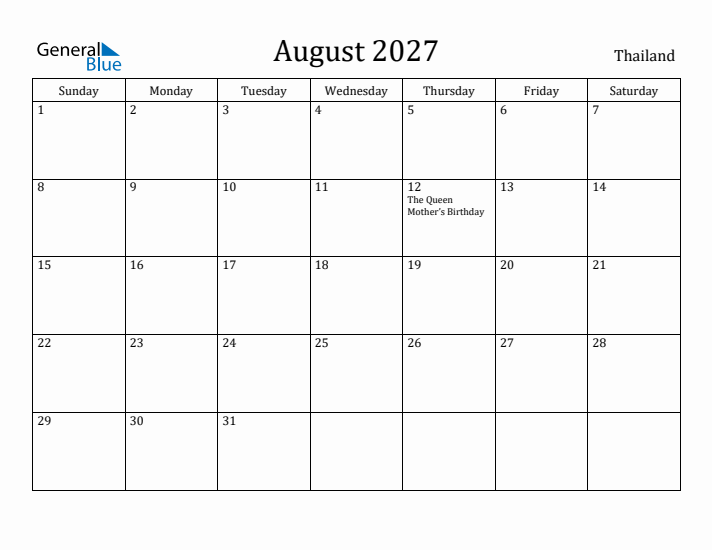 August 2027 Calendar Thailand