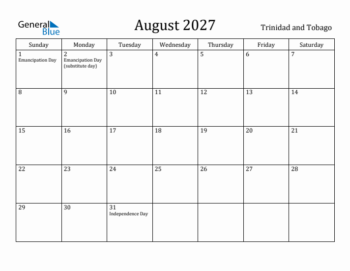 August 2027 Calendar Trinidad and Tobago