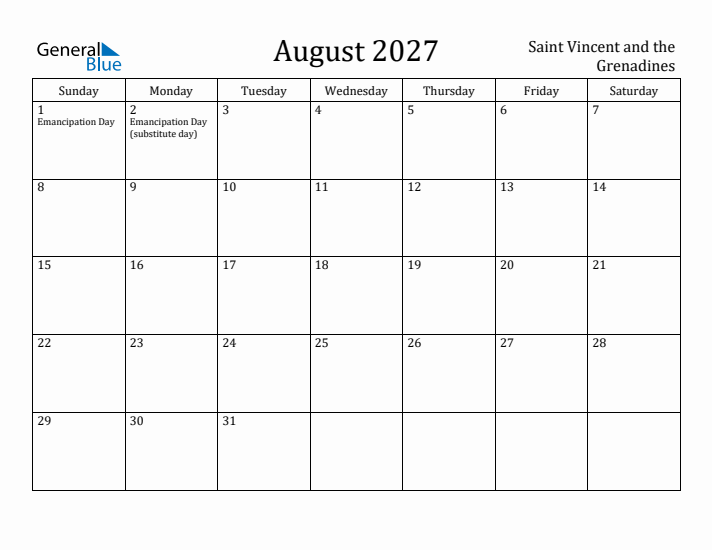 August 2027 Calendar Saint Vincent and the Grenadines