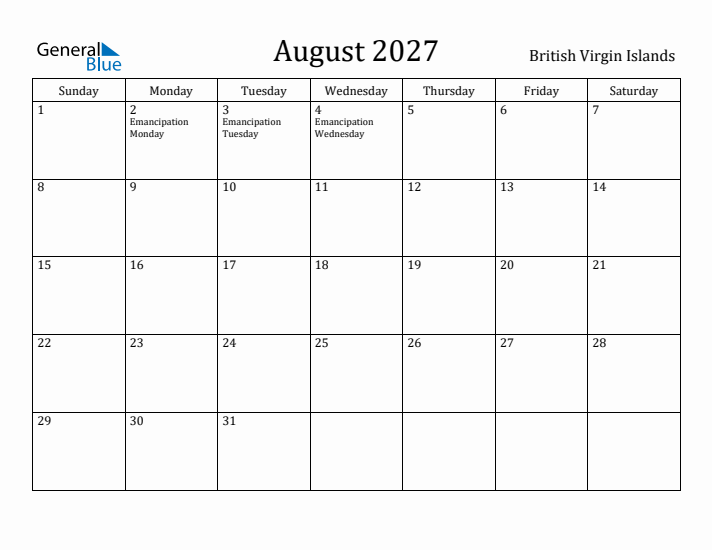 August 2027 Calendar British Virgin Islands