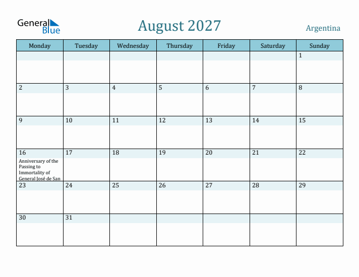 August 2027 Calendar with Holidays