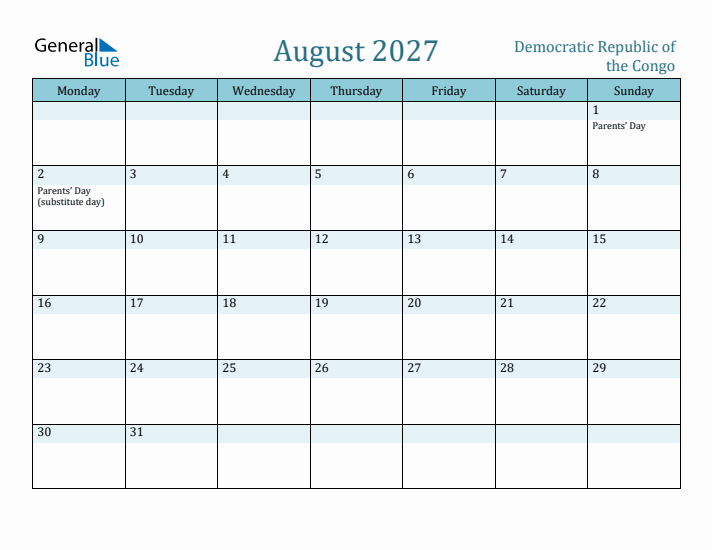 August 2027 Calendar with Holidays